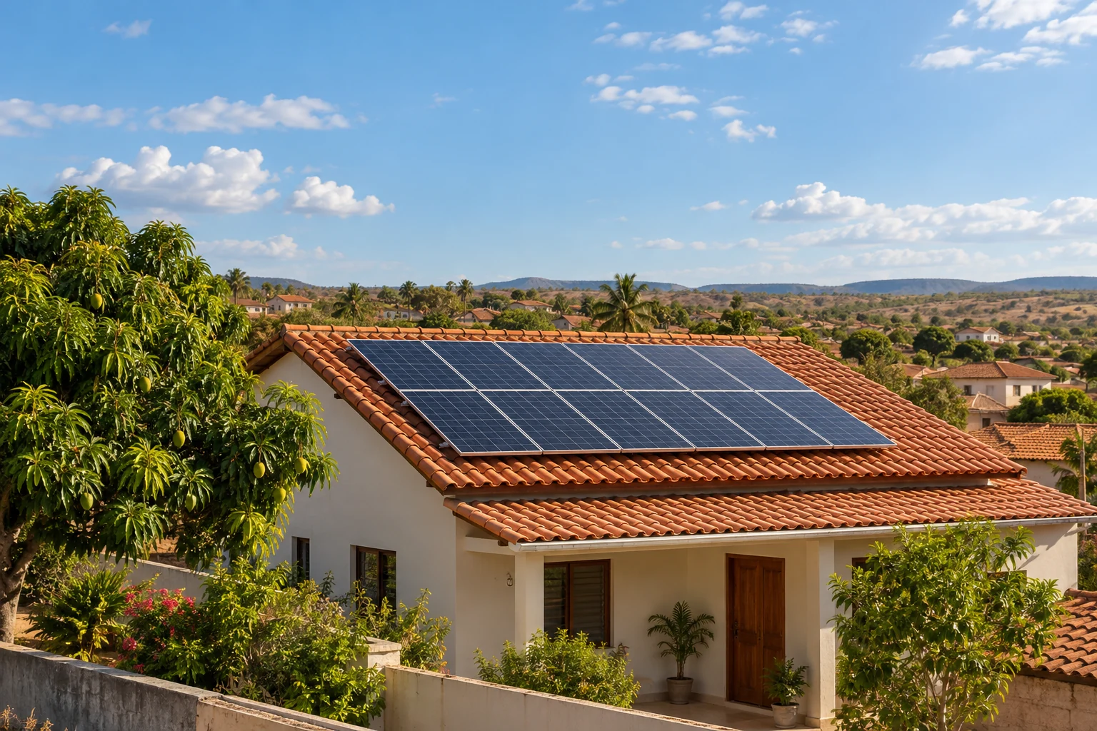Ambiente ilustrativo de residência com energia solar inspirado no interior de Alagoas e Pernambuco